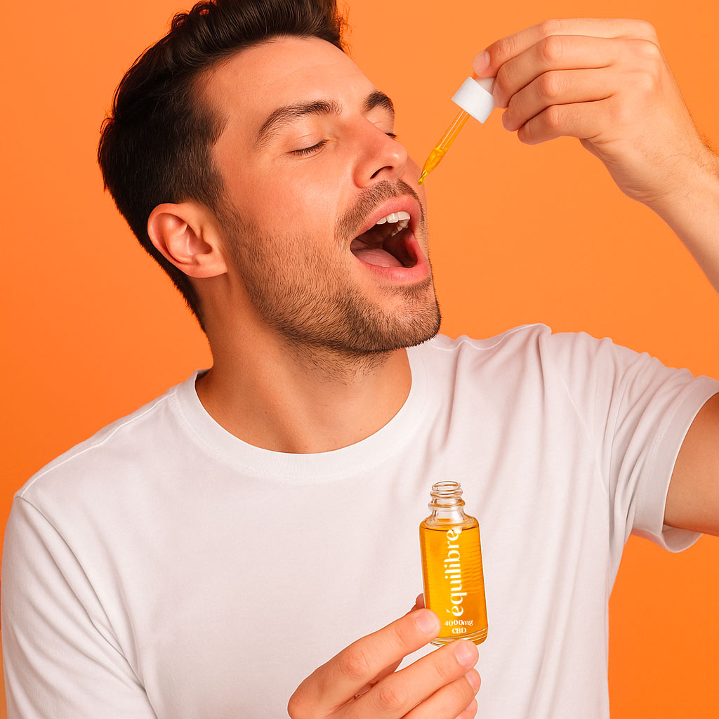 Homme prenant du cbd en huile sublinguale