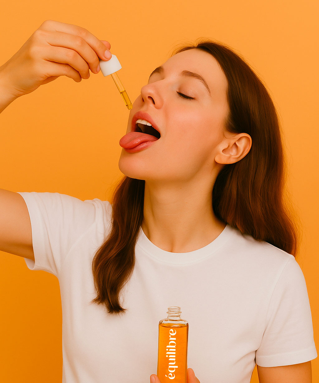 Femme prenant du cbd en huile sublinguale